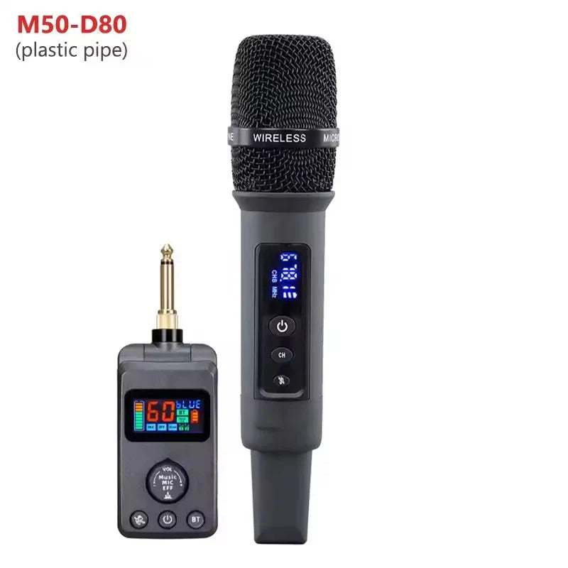 Black uhf wireless microphone with mesh grille and digital display paired with receiver featuring microphone bt recharging and adjusted echo cancellation