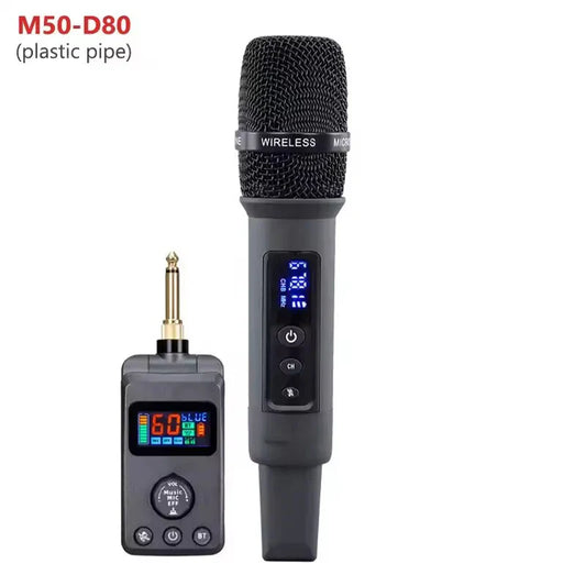 Black uhf wireless microphone with mesh grille and digital display paired with receiver featuring microphone bt recharging and adjusted echo cancellation