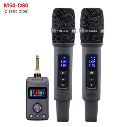 Black uhf wireless microphone with mesh grille digital display and matching receiver featuring bt recharging and adjusted echo cancellation