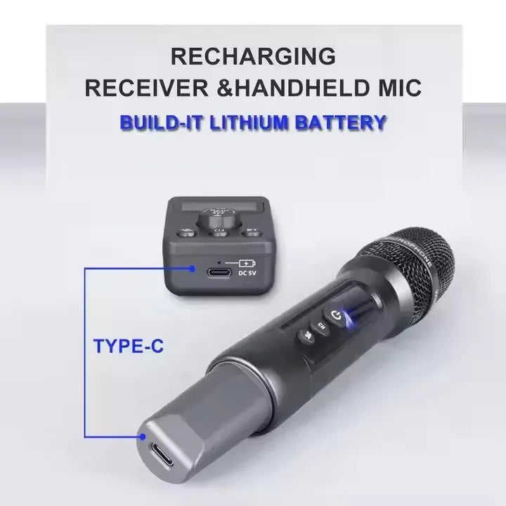 Black uhf wireless microphone with metallic grille and matching black receiver with type-c port for microphone bt recharging and adjusted echo cancellation