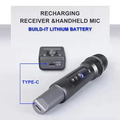 Black uhf wireless microphone with metallic grille and matching black receiver with type-c port for microphone bt recharging and adjusted echo cancellation