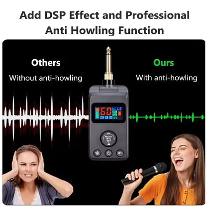 Black uhf wireless microphone transmitter with digital display gold audio jack featuring microphone bt recharging and adjusted echo cancellation