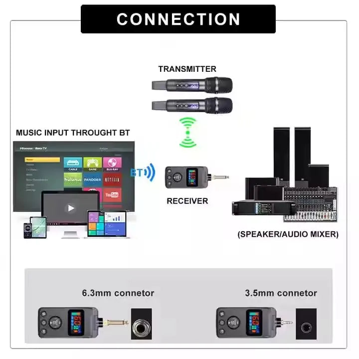 Black uhf wireless microphone transmitter with digital display featuring microphone bt recharging and adjusted echo cancellation