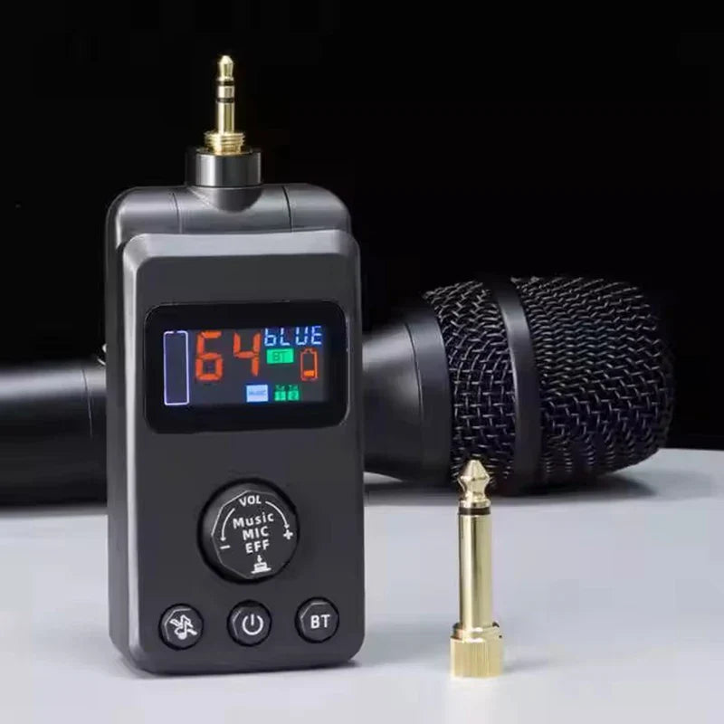 Black uhf wireless microphone transmitter with digital display gold audio jacks microphone bt recharging adjusted echo cancellation