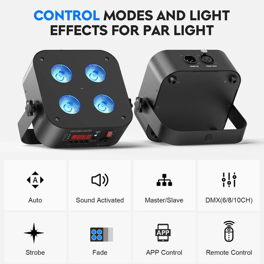 Black square uking 4x18w led par light dmx 6in1 color with four blue led bulbs and wireless app control buttons front panel