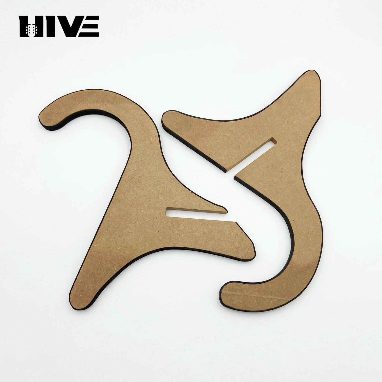 Brown wooden cutout ukulele stand wooden with stylized cat silhouette and smooth edges for upright stand banjo display