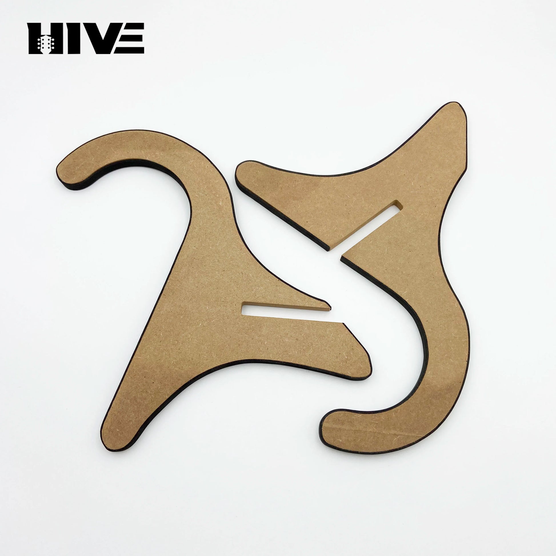 Brown wooden cutout ukulele stand wooden with stylized cat silhouette and smooth edges for upright stand banjo display