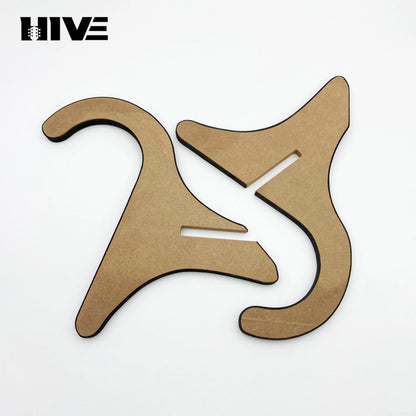 Brown wooden cutout ukulele stand wooden with stylized cat silhouette and smooth edges for upright stand banjo display