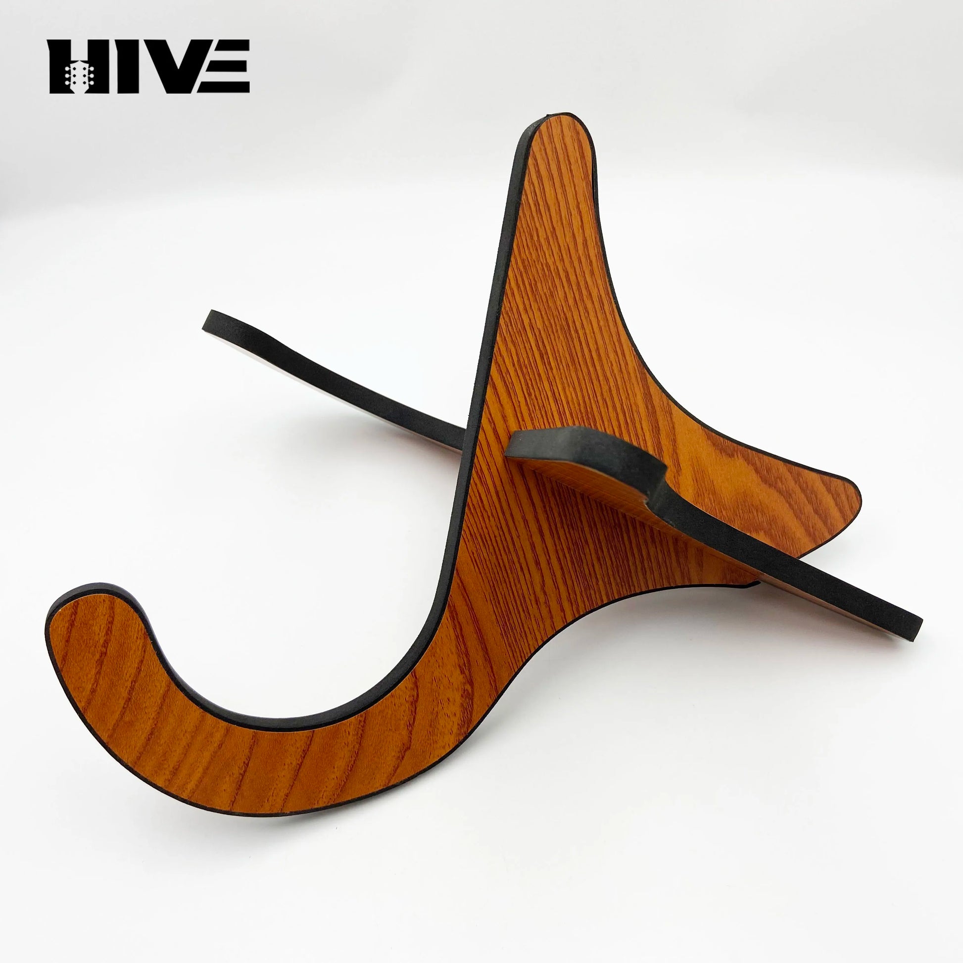 Hive brand ukulele stand wooden guitar folding upright stand with warm brown finish and black accents for banjo display
