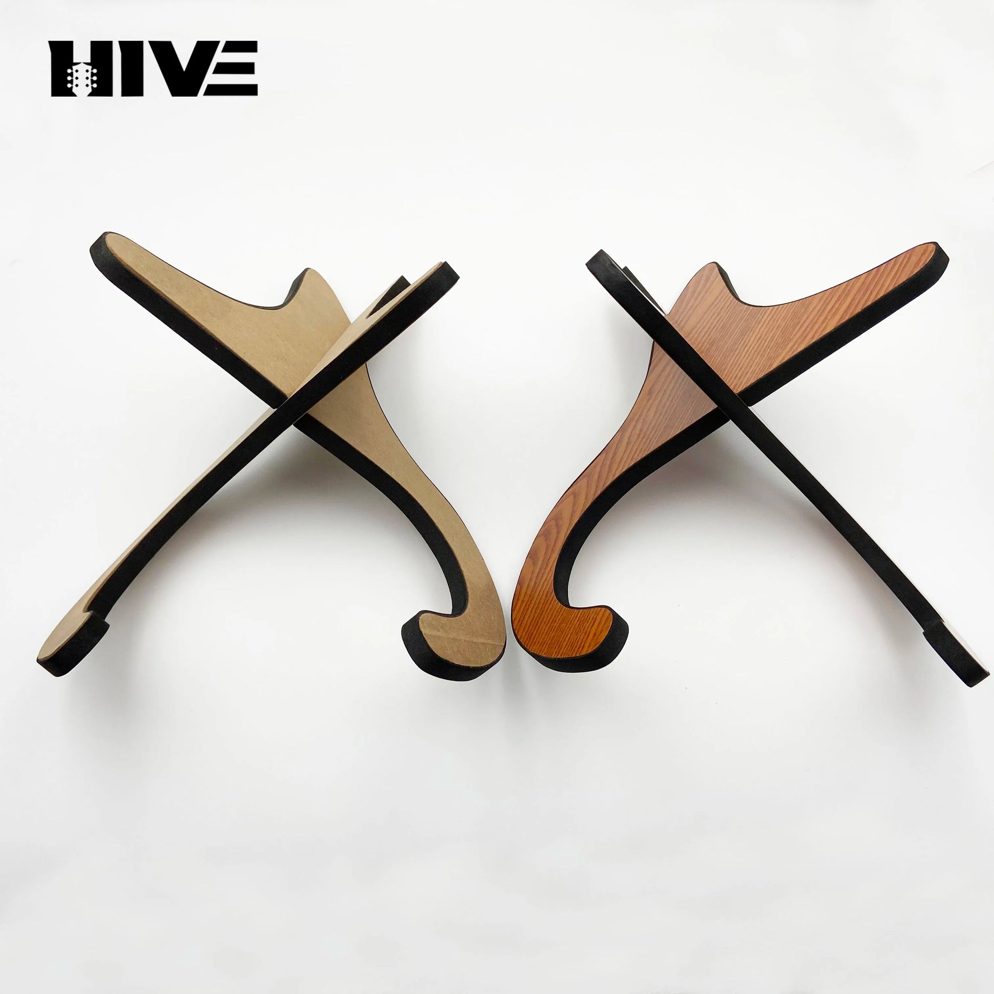 Two wooden ukulele stand wooden and guitar folding upright stand banjo with black edges in beige and warm brown finishes