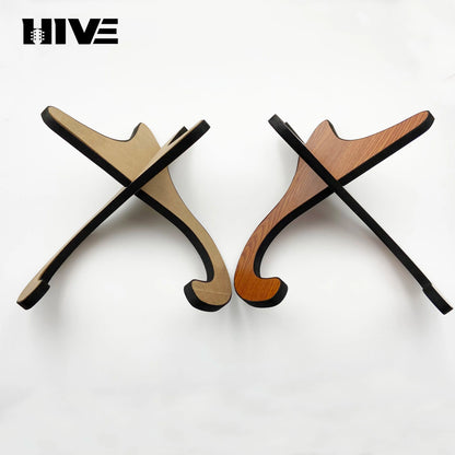 Two wooden ukulele stand wooden and guitar folding upright stand banjo with black edges in beige and warm brown finishes