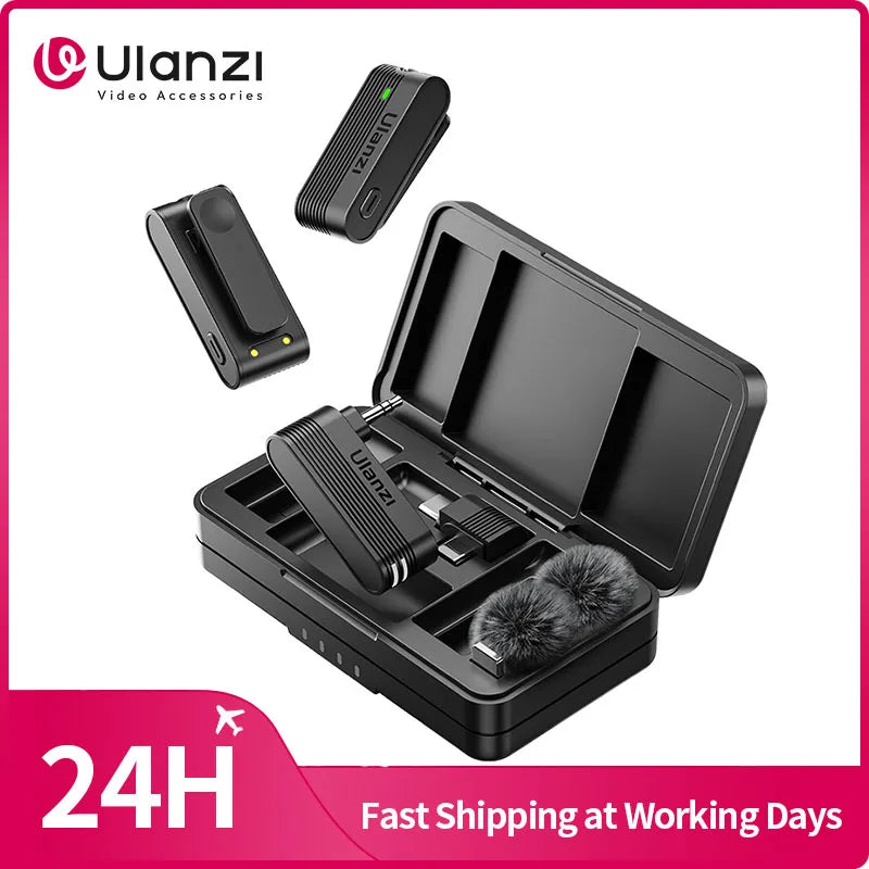 Black ulanzi a100 wireless lavalier microphone system with furry windscreen and charging case for camera sound recording