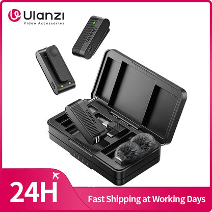 Black ulanzi a100 wireless lavalier microphone system with furry windscreen and charging case for camera sound recording