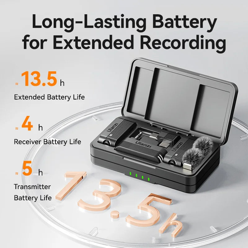Black ulanzi a100 wireless microphone lavalier system in compact case with fuzzy windscreen for camera sound recording