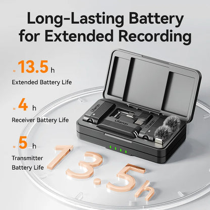 Black ulanzi a100 wireless microphone lavalier system in compact case with fuzzy windscreen for camera sound recording