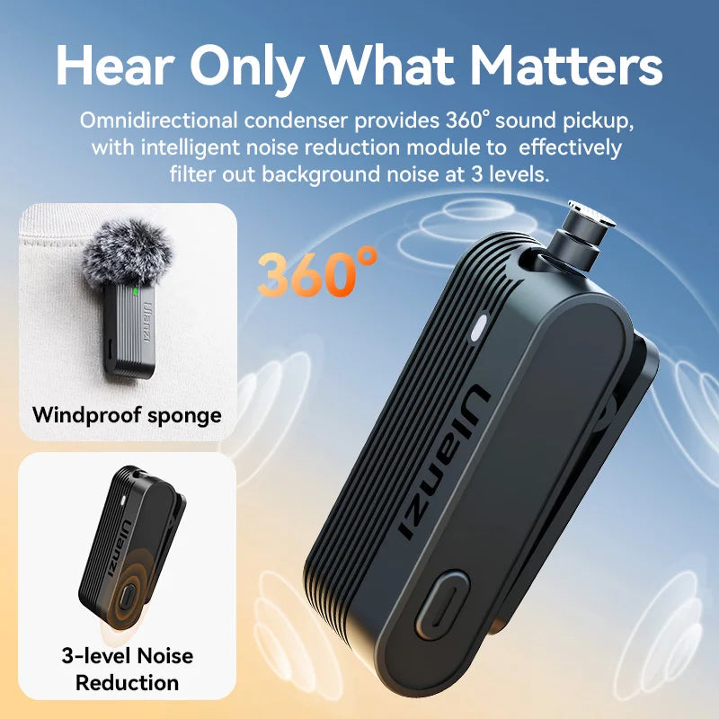 Black Ulanzi A100 wireless lavalier microphone with windproof sponge and 3-level noise reduction for camera sound recording