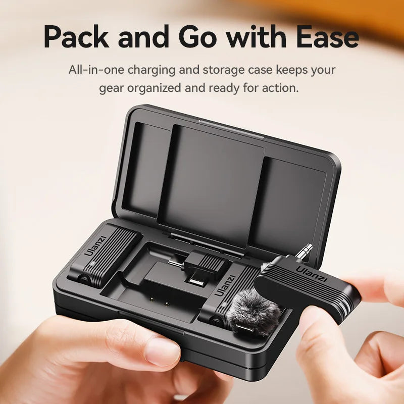 Black ulanzi a100 wireless all-in-one charging and storage case for wireless microphone gear used in camera sound recording