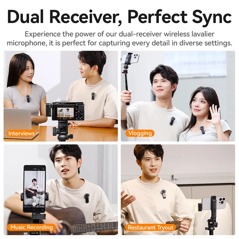 Black Ulanzi A100 wireless microphone lavalier with dual receivers for seamless camera sound recording and real-time monitoring