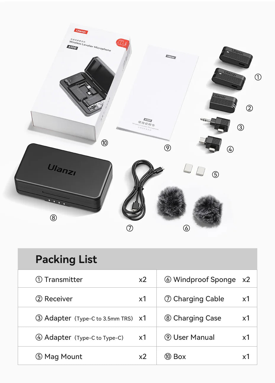 Black ulanzi a100 wireless microphone lavalier kit with transmitter receiver charging case adapters for camera sound recording