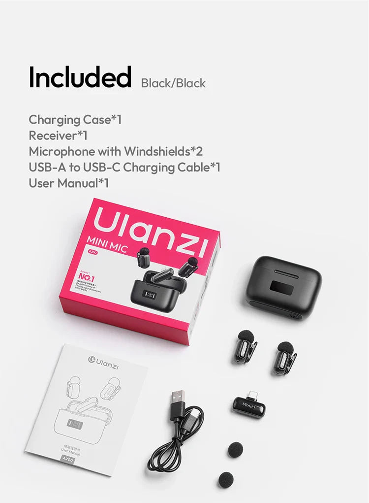 Black ulanzi j12 wireless lavalier microphone audio mini mic with sleek compact design and charging case for smartphones