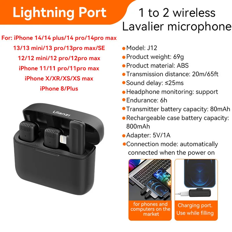 Black abs plastic ulanzi j12 wireless lavalier microphone with lightning port adapter for iphone recording