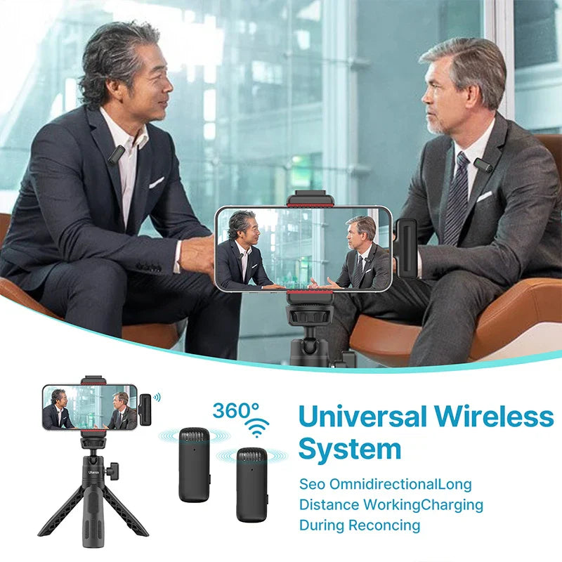 Black ulanzi j12 wireless lavalier microphone audio tripod with 360 degree charging for smartphone recording