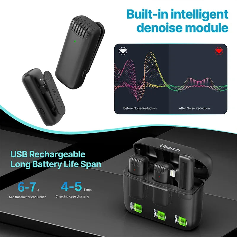 Black ulanzi j12 wireless lavalier microphone with intelligent denoise and usb rechargeable charging case for audio recording