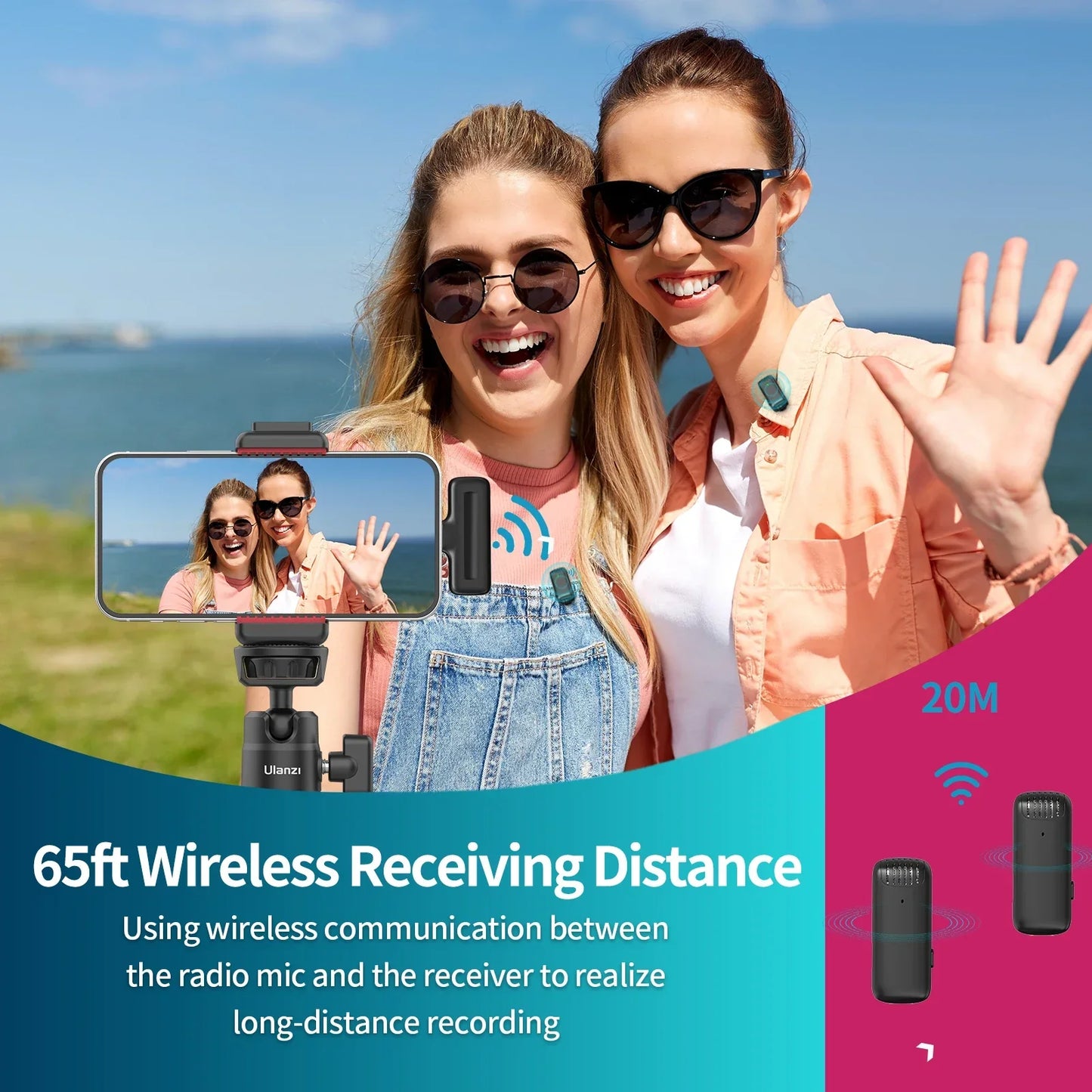 Black ulanzi j12 wireless lavalier microphone audio system with receiver supports 65ft range for smartphone live broadcast