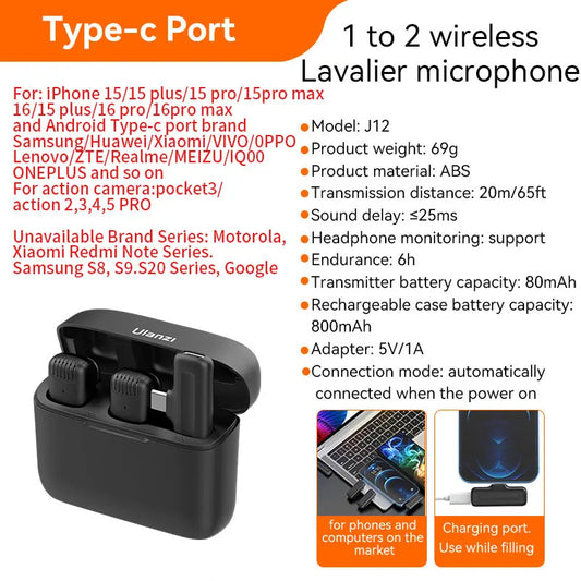 Black ABS plastic Ulanzi J12 wireless lavalier microphone with type-c charging case for lavalier microphone audio recording
