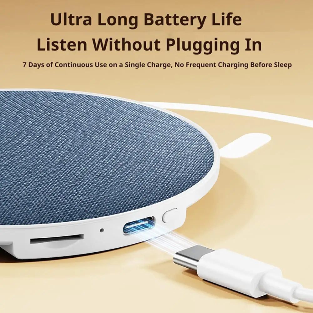 Blue denim textured wireless mini bedside pillow speaker with surround sound bone conduction and usb-c charging port