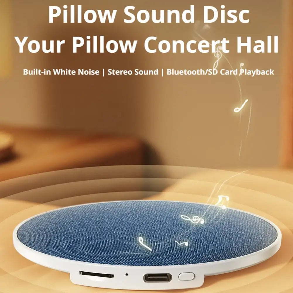 Blue denim textured wireless mini bedside pillow speaker with white frame and usb-c port for surround sound bone conduction
