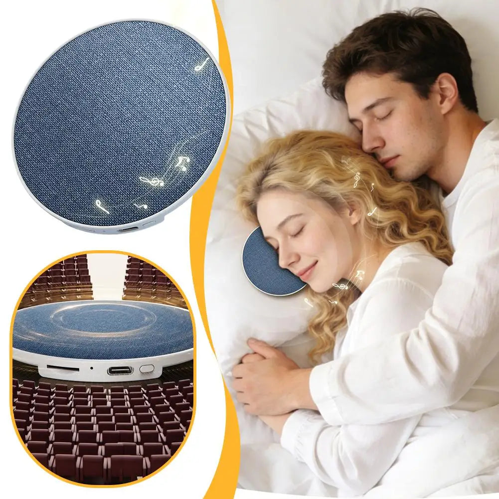 Blue denim textured wireless mini bedside pillow speaker with white edges and multiple ports for surround sound bone conduction sleep aid