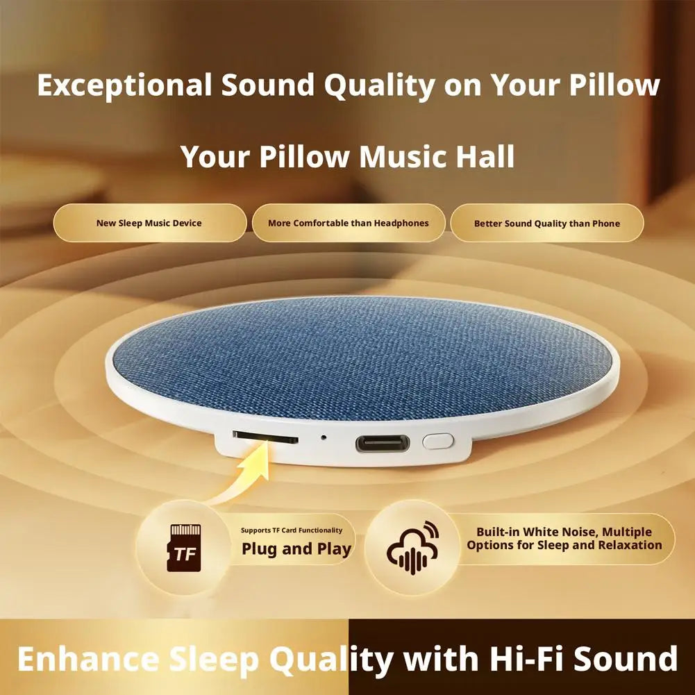 Blue textured fabric wireless mini bedside pillow speaker with white rim usb-c port for surround sound bone conduction sleep aid