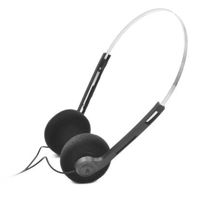 Black over-ear underwire headphone music with silver headband and aptx logo designed for mp3 walkman retro style sports fashion