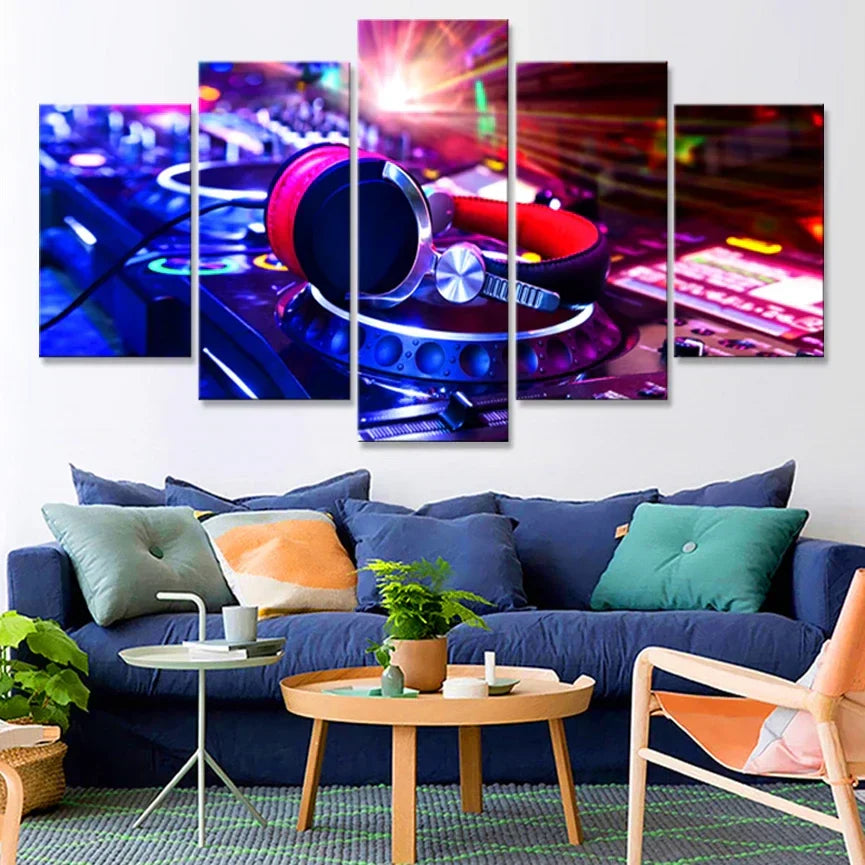 A vibrant five-panel canvas art music print featuring red and silver dj headphones on a glowing turntable for mural bar production and bar production wholesale use