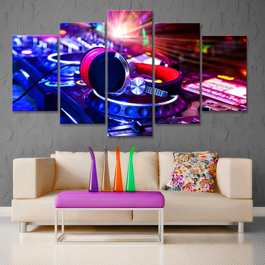 Vibrant 5 piece canvas art music print featuring red and silver dj headphones on turntable for mural bar production wholesale