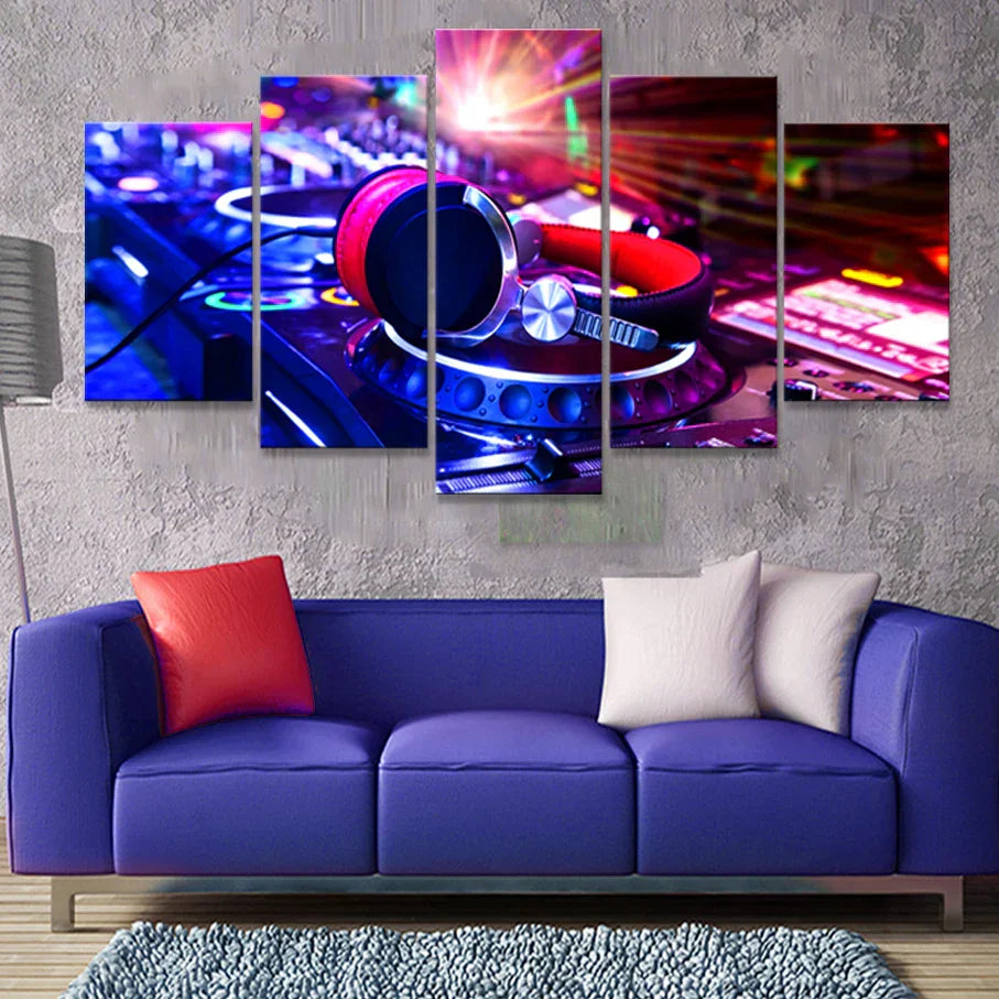 Vibrant red and black dj headphones with silver accents on a glowing blue turntable canvas art music mural bar production