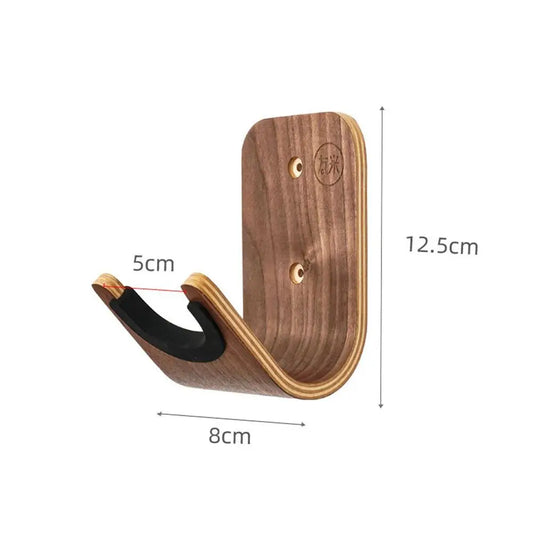 Unique design wooden bracket guitar hanger in medium brown with black grip and brass screws for mount bass storage
