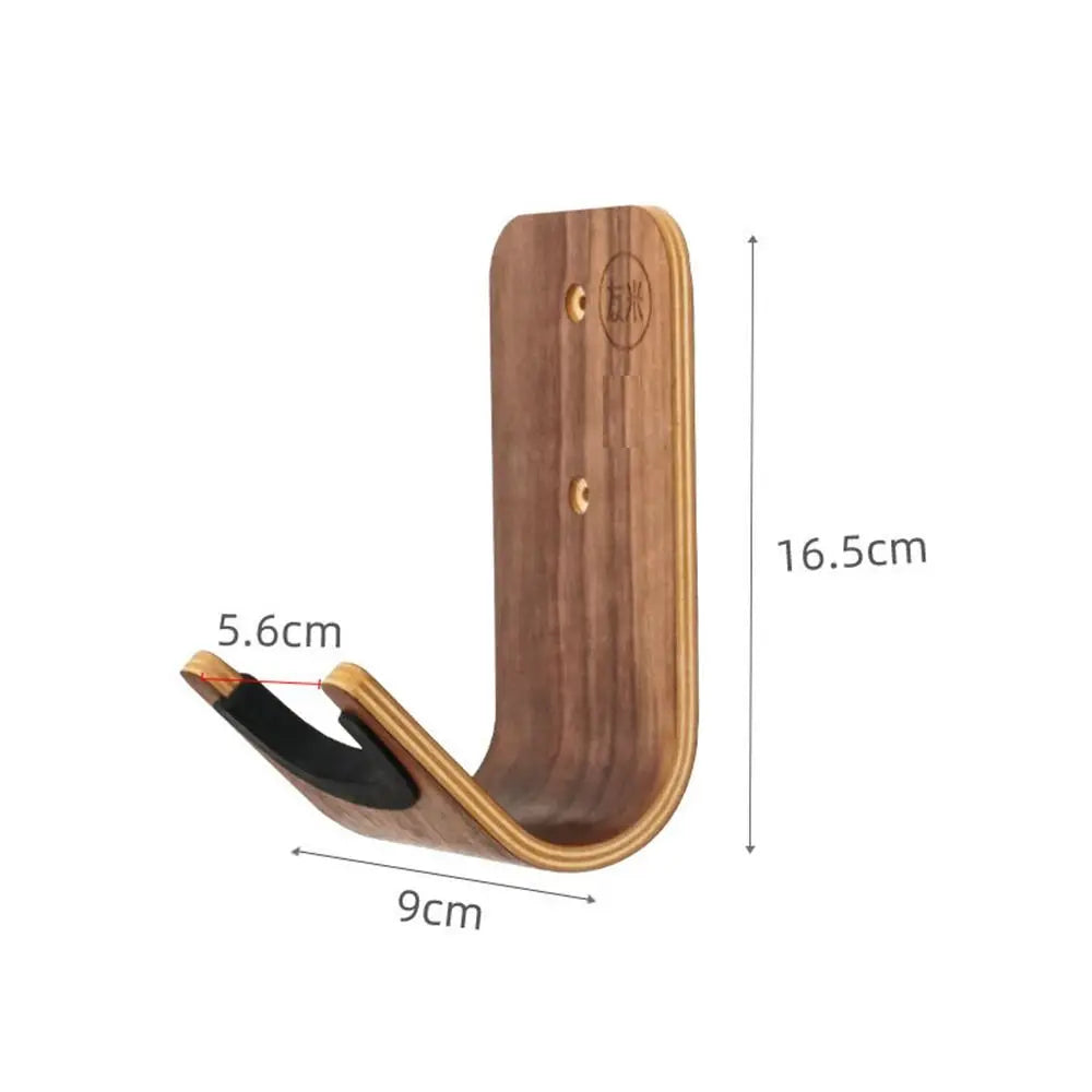 A unique design wooden bracket guitar hanger with natural wood finish and black rubberized hook for mount bass storage