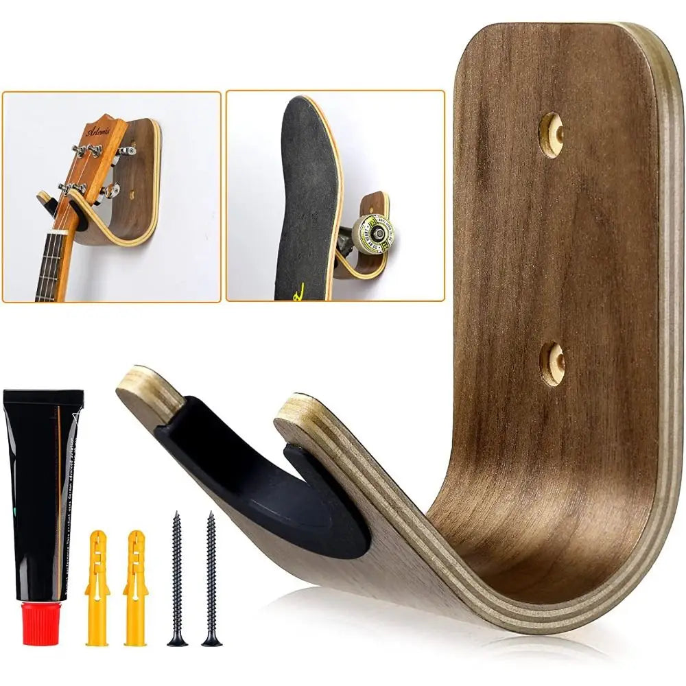 Wooden wall-mounted bracket guitar hanger with black rubberized grip and brass hardware for mount bass storage and ukulele use