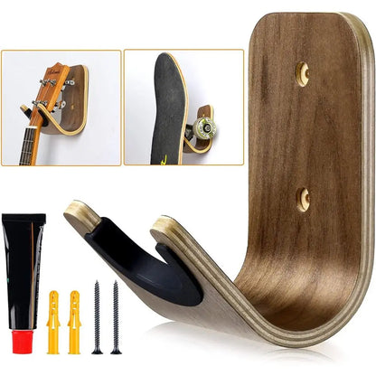 Wooden wall-mounted bracket guitar hanger with black rubberized grip and brass hardware for mount bass storage and ukulele use