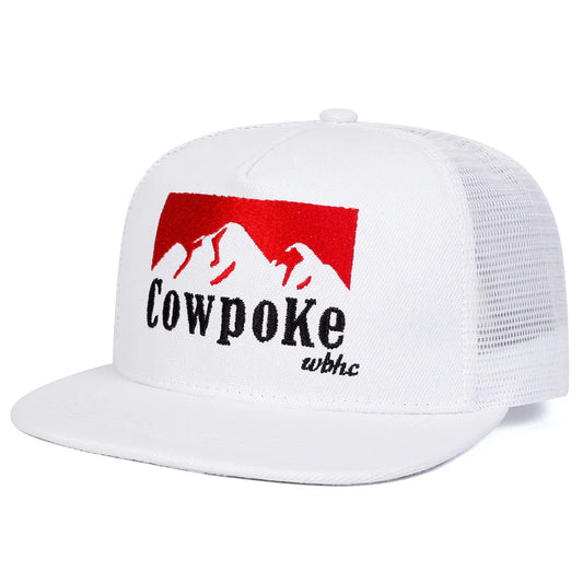 White unisex trucker hat with red and white embroidered mountain logo and black cowpoke lettering for outdoor use