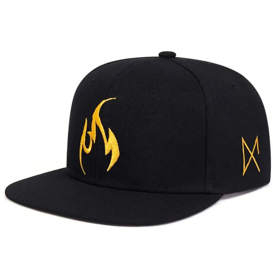Black snapback cap with unisex flame embroidery and rune designs, hats outdoor adjustable for casual sunscreen use