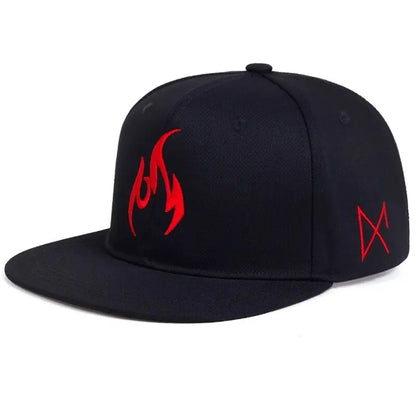 Black snapback unisex flame embroidery hat outdoor adjustable baseball cap sunscreen casual hip-hop style