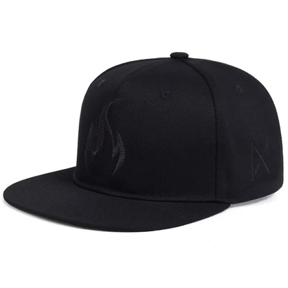 Black unisex flame embroidery snapback hat with subtle front logo and side emblem for hats outdoor adjustable use