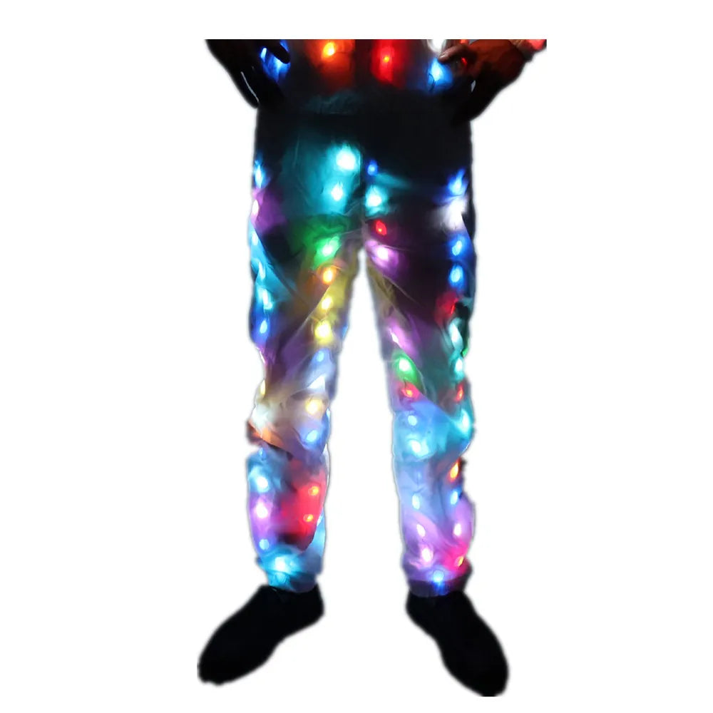 Unisex led luminous jacket pants with multicolored embedded led lights for christmas and music festivals use