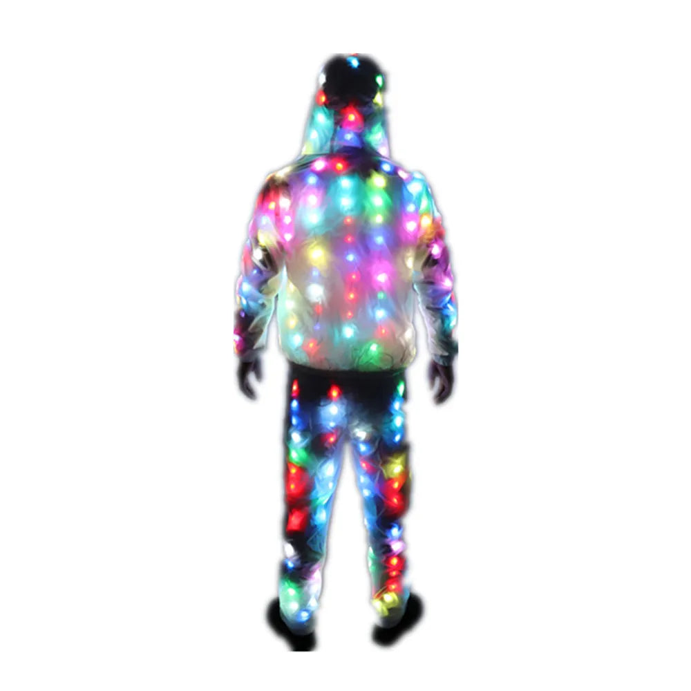 A glowing unisex led luminous jacket pants suit with multicolor integrated lights for festivals parties and Halloween