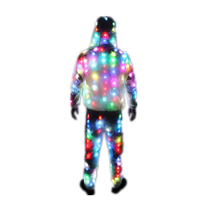 A glowing unisex led luminous jacket pants suit with multicolor integrated lights for festivals parties and Halloween