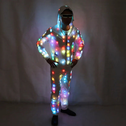 A unisex led luminous full-body jumpsuit with multicolored lights, hood, and zipper front for performance use