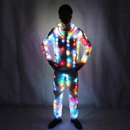Glowing unisex led luminous jacket pants suit with vibrant multicolored lights for halloween and music festivals